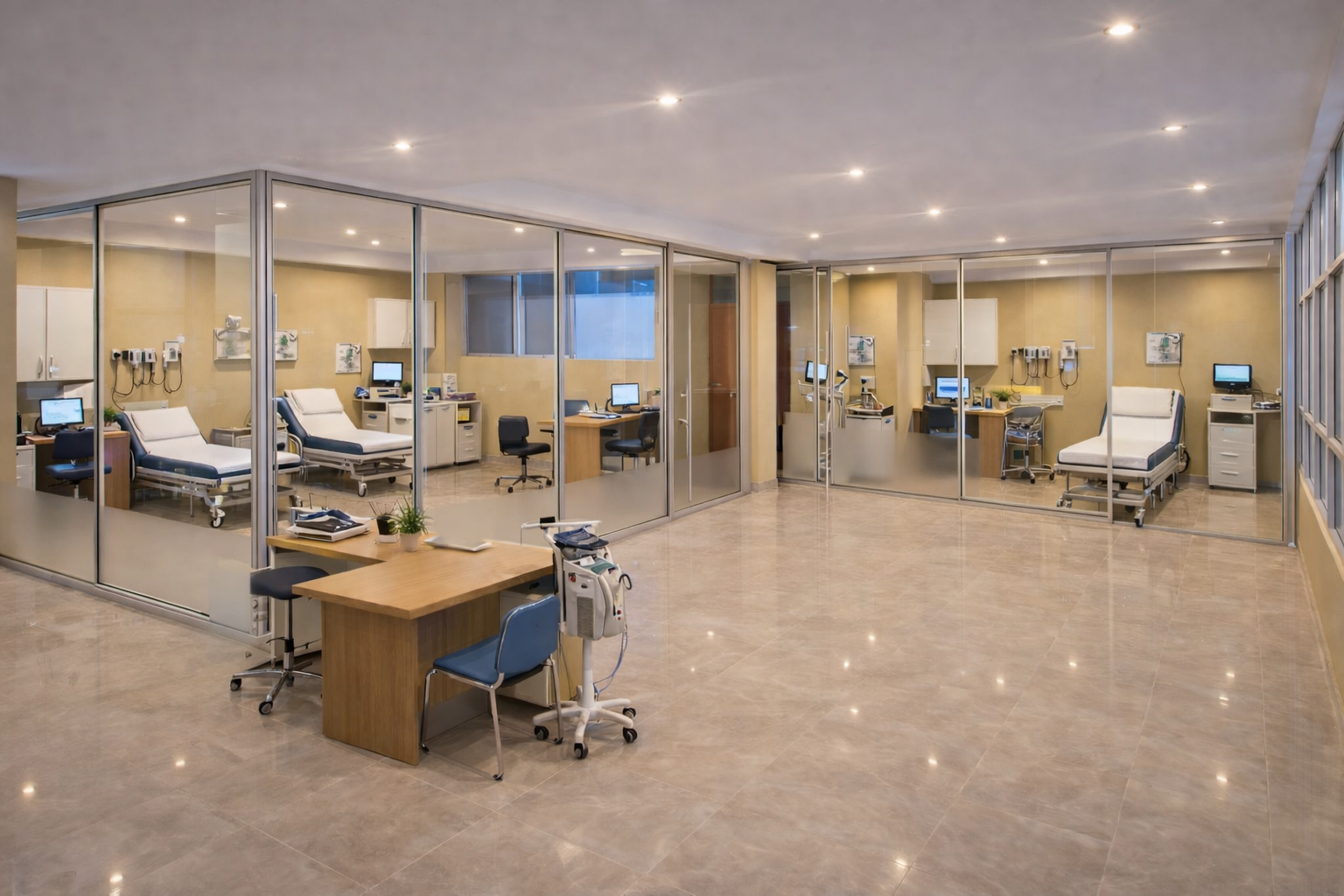 Consultorio médico moderno con equipamiento profesional y áreas de espera luminosas